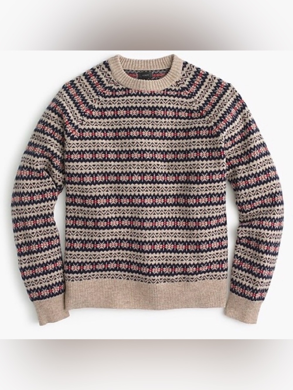 J. Crew 100% Lambswool Wool Fair Isle Crew Neck Sweater Tan Navy Red Mens Large